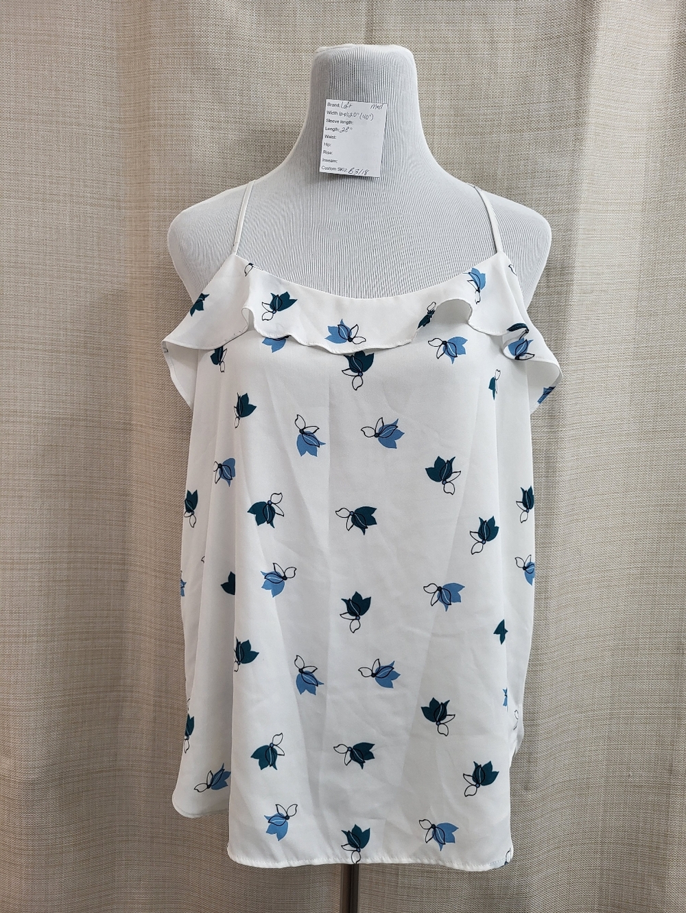 Loft Women's White Blue Chiffon Floral Racerback Tank Top Blouse Size Medium